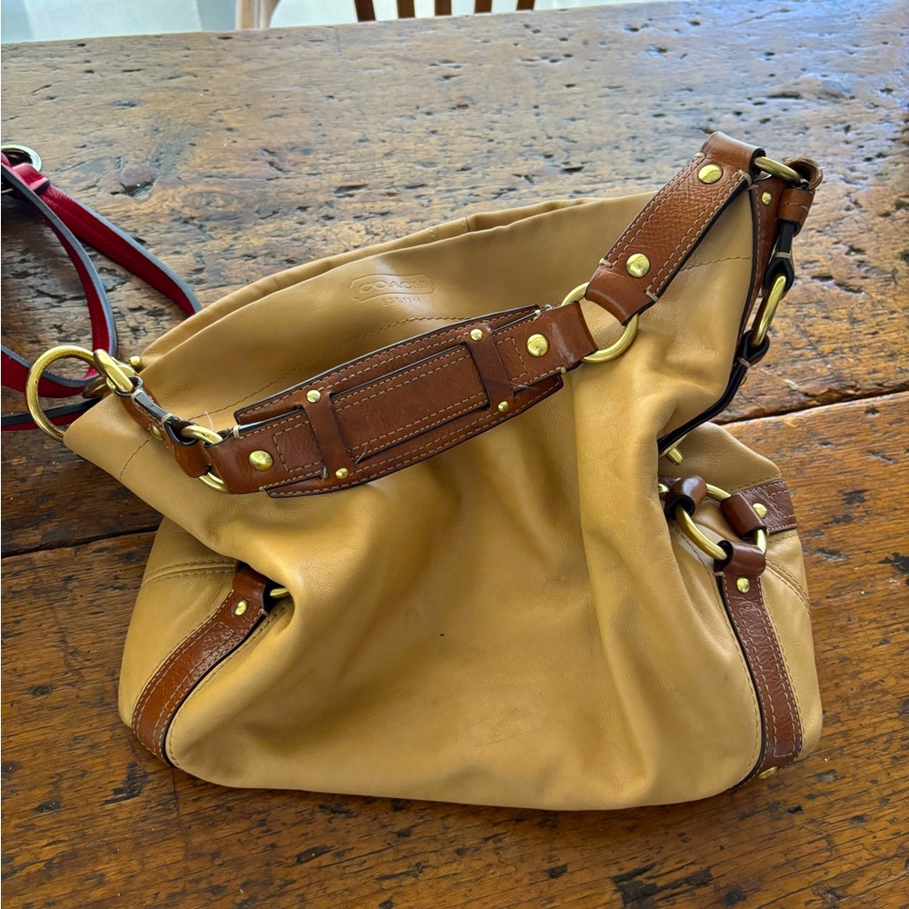 Coach Tan and Brown Leather Shoulder Bag with Gold Hardware